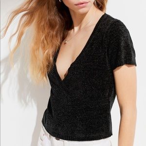 UO Short Sleeve Surplice Chenille Sweater